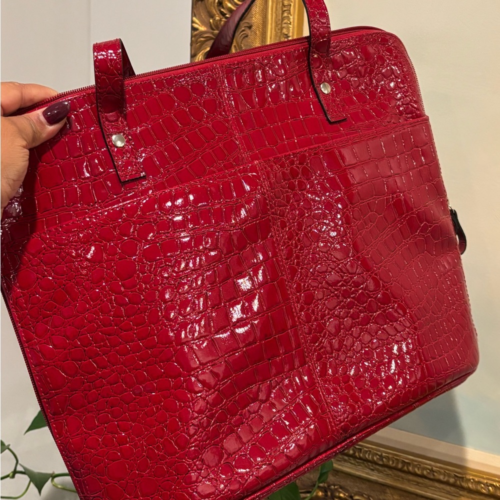 Elegant Red Faux Crocodile-Embossed Laptop Bag